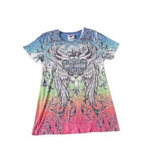Women's Size Medium Harley Davidson Top Coloful Sparkly Hall's Springfield IL